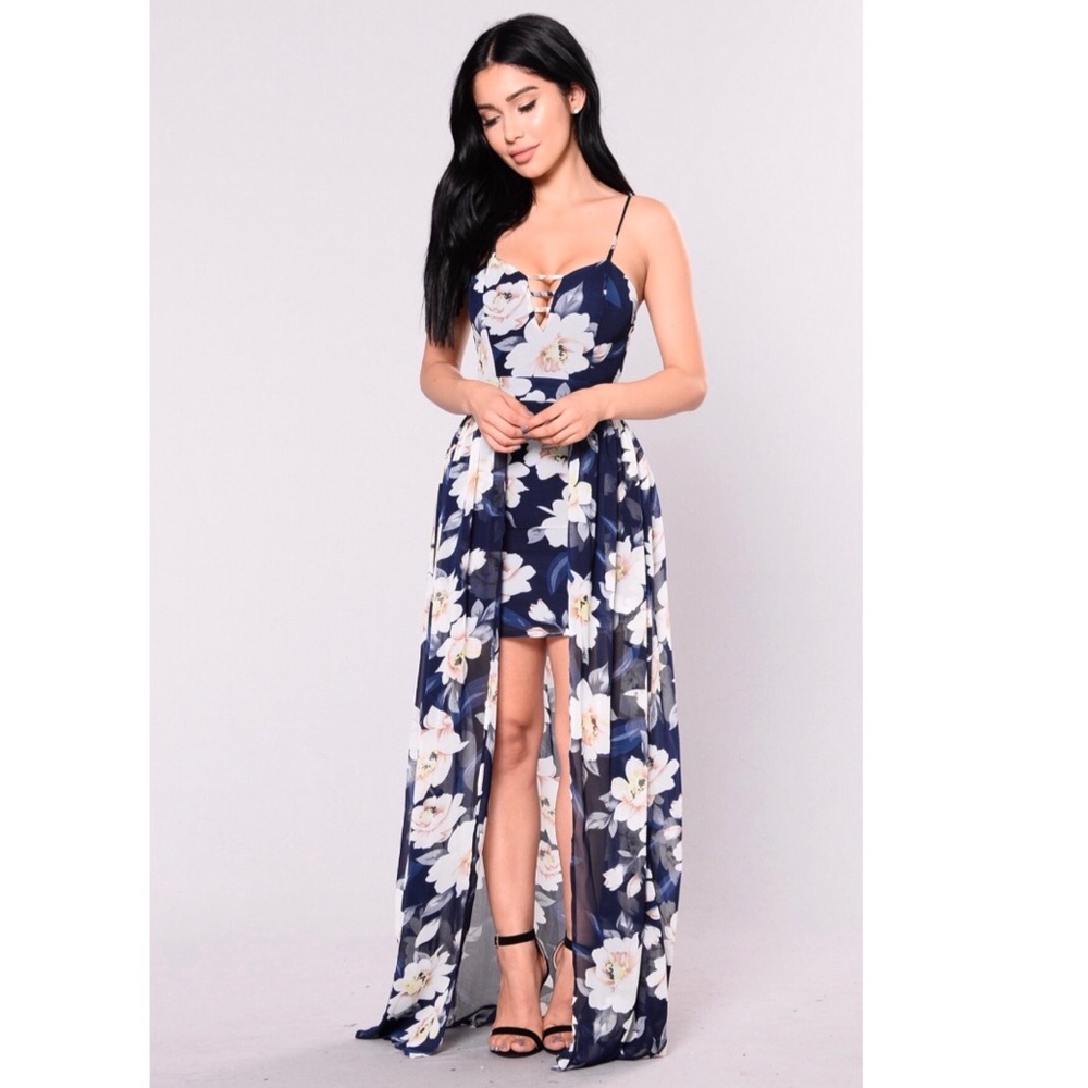 Floral Waterfall Dress - Navy (Fashion Nova)